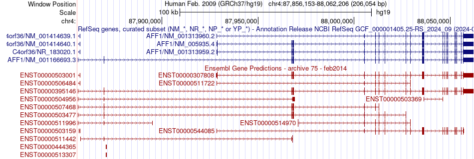 gene isoform structure of AFF1