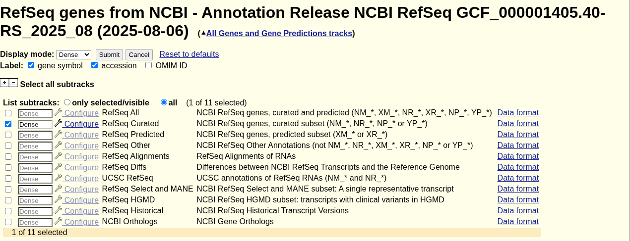 NCBI RefSeq container track configuration with a checkbox list of subtracks