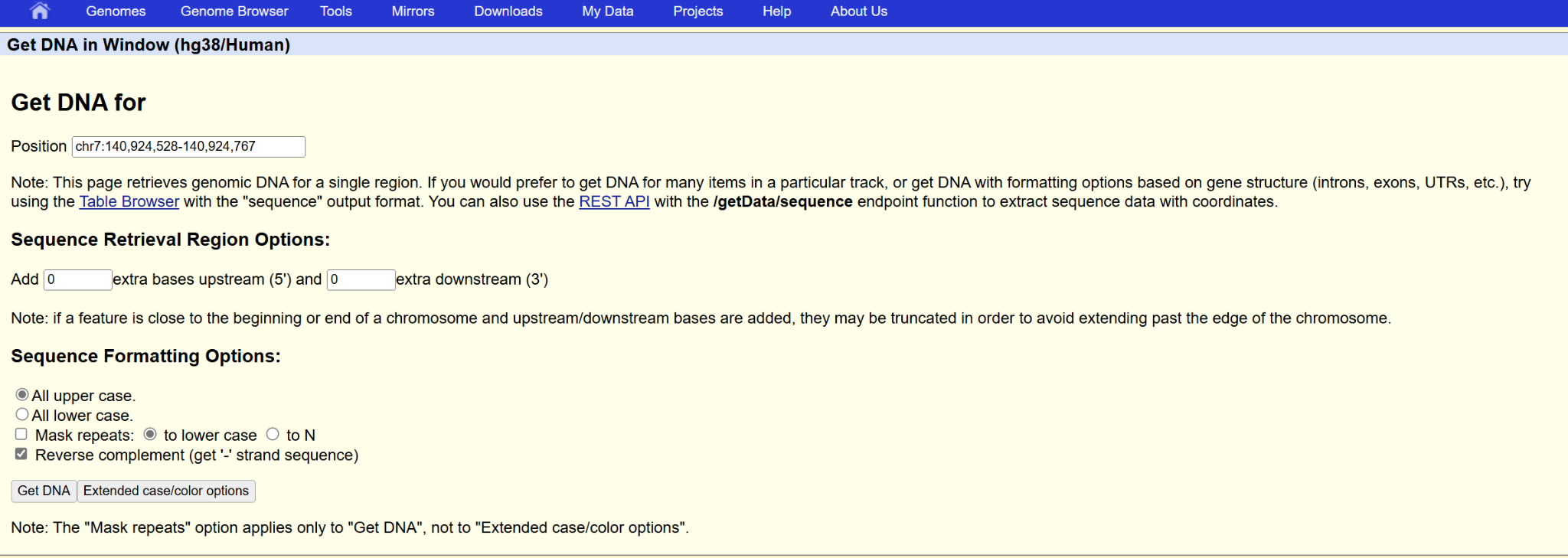 DNA sequence output page