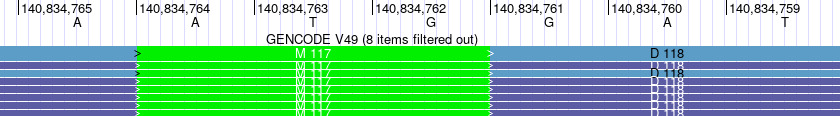 Reversed view: A-T-G = Met, start codon green