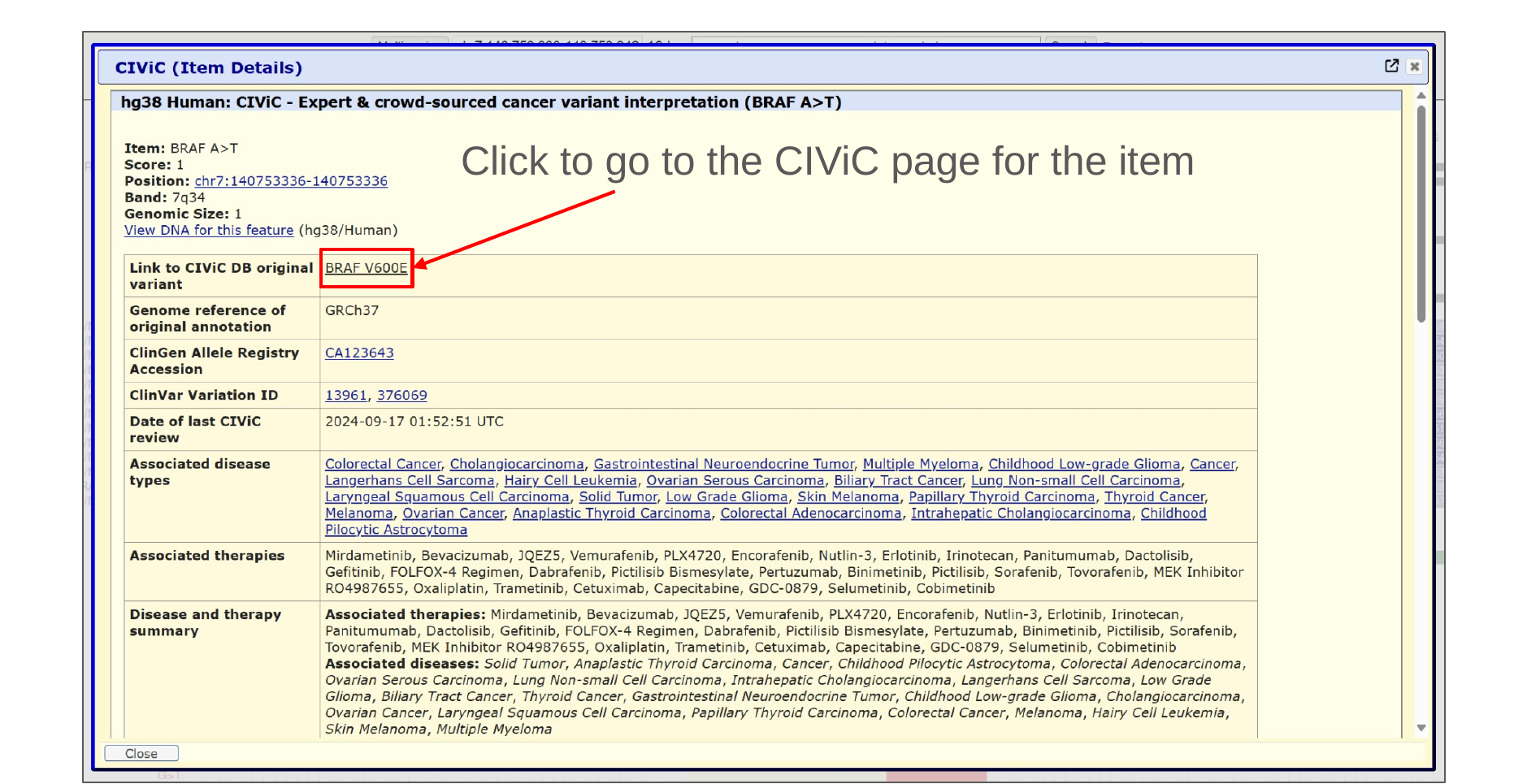 CIViC variant details page with the link to CIViC boxed in red