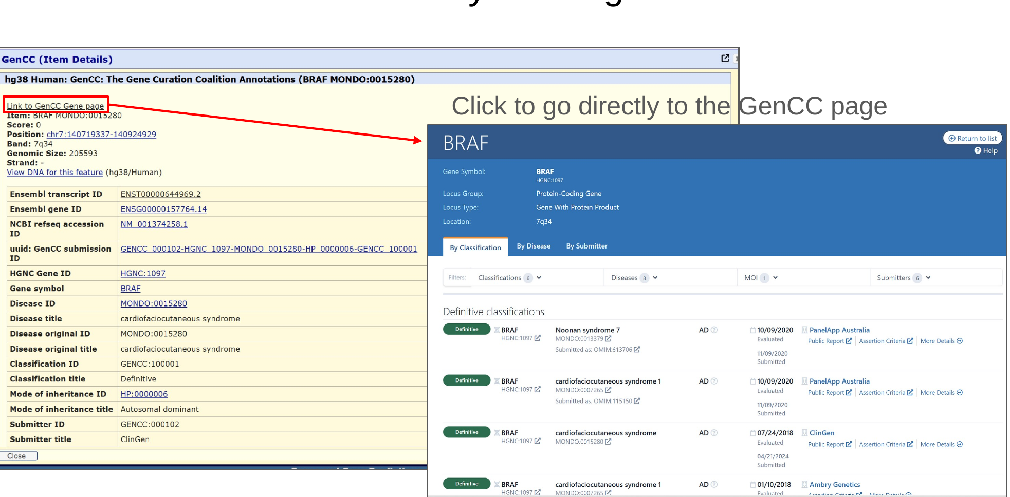 Clicking a GenCC feature opens its details, with a link to the GenCC page