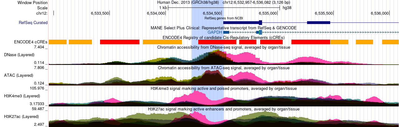 ENCODE4 DNase, ATAC, H3K4me3 and H3K27ac at the GAPDH promoter